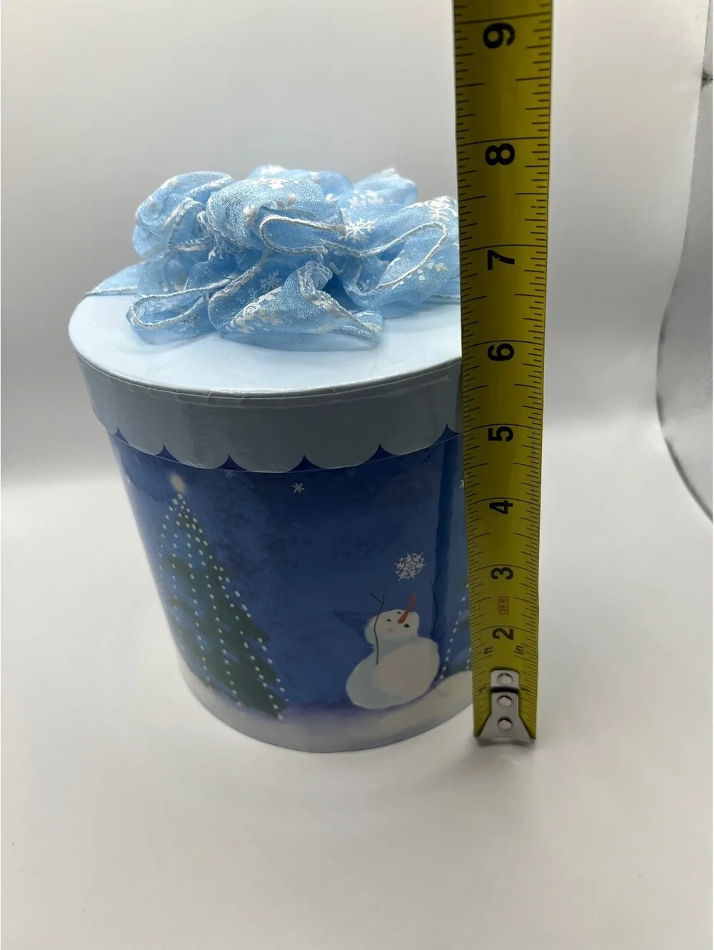 Blue Holiday Christmas cylinder round decorative gift box snowman